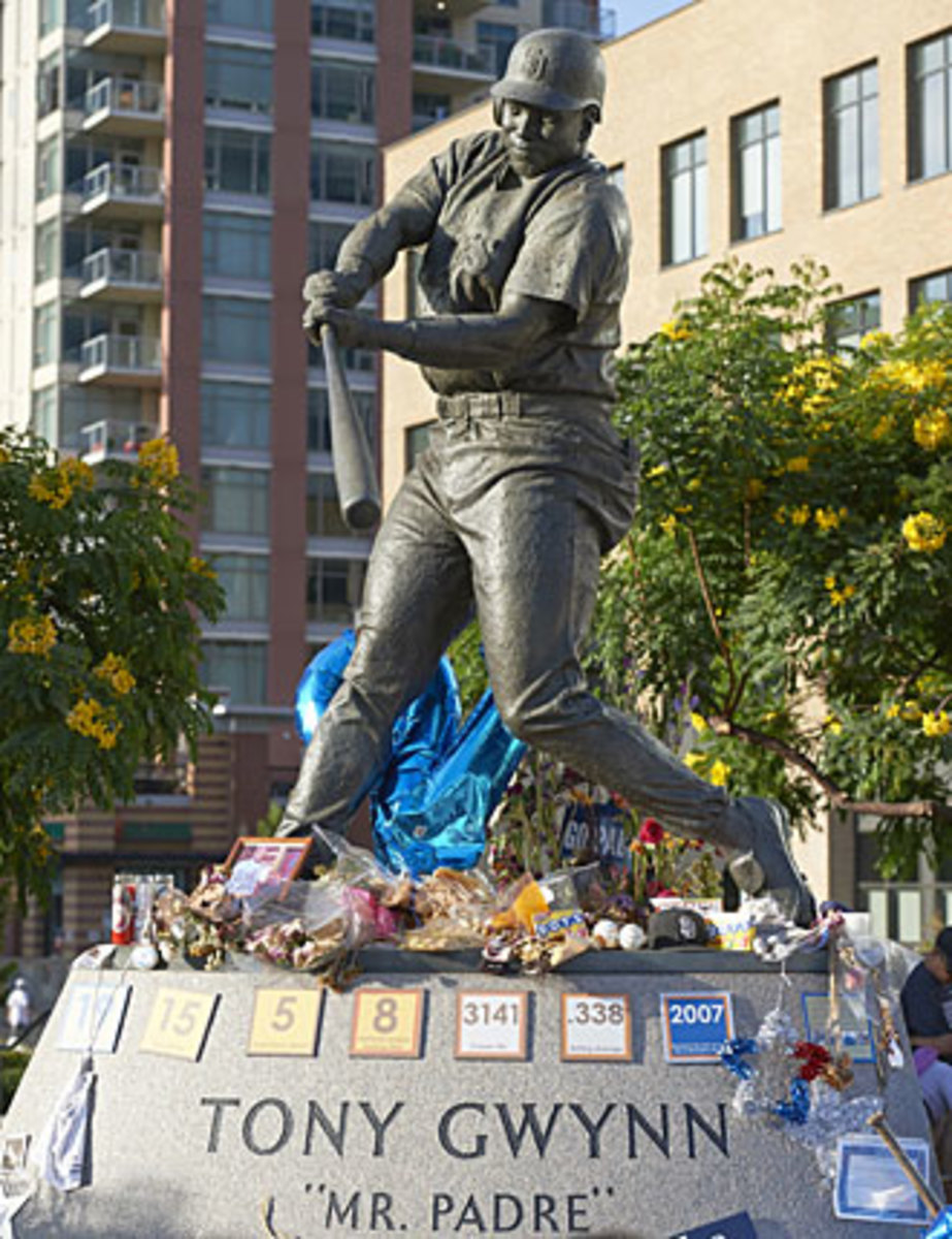 The statue of Gwynn outside Petco Park became a place for tributes to the Padres' legend after his death.